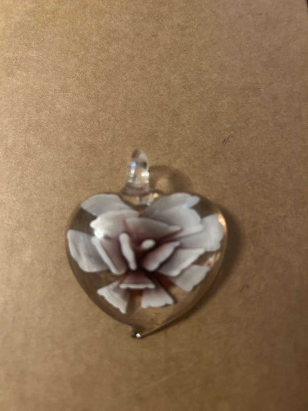 Clear Glass Heart Pendant with White and Light Brown Floral Design